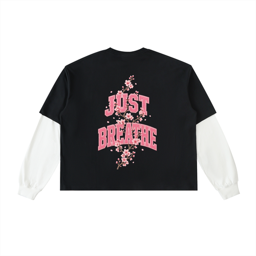 "Just Breathe" Layered Contrast Sleeve Cotton T-Shirt