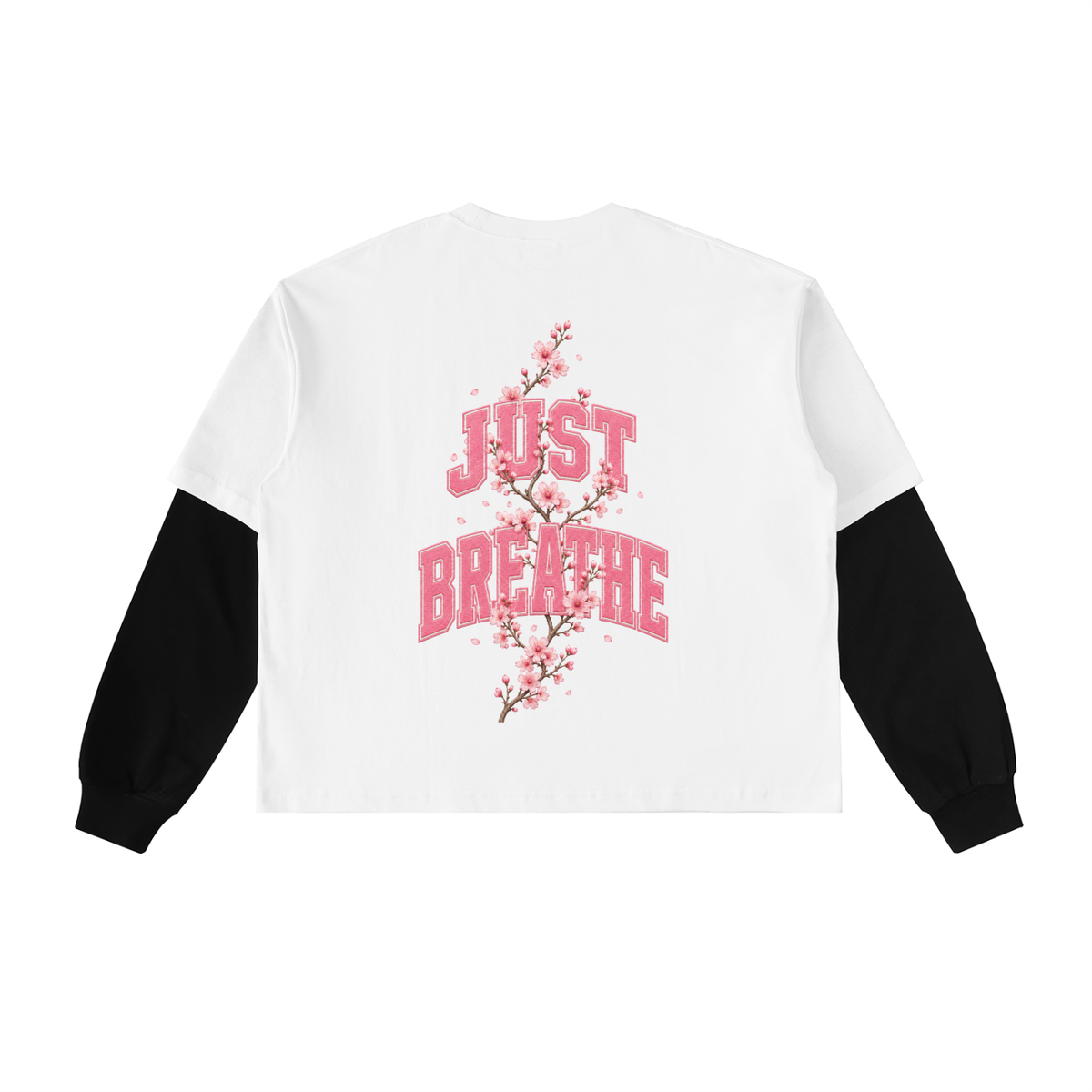 "Just Breathe" Layered Contrast Sleeve Cotton T-Shirt